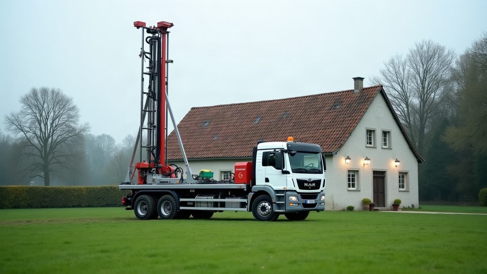 Foreuse propre en intervention devant une maison en pierre calcaire, plateau de Bourgogne-Franche-Comté