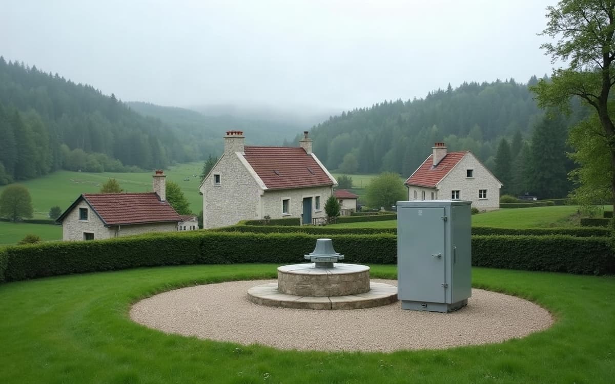 Hameau de plateau avec sa tête de forage et son coffret de commande