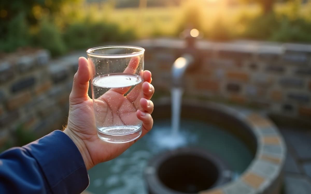 Verre d'eau claire tenu à la lumière, après un essai de débit