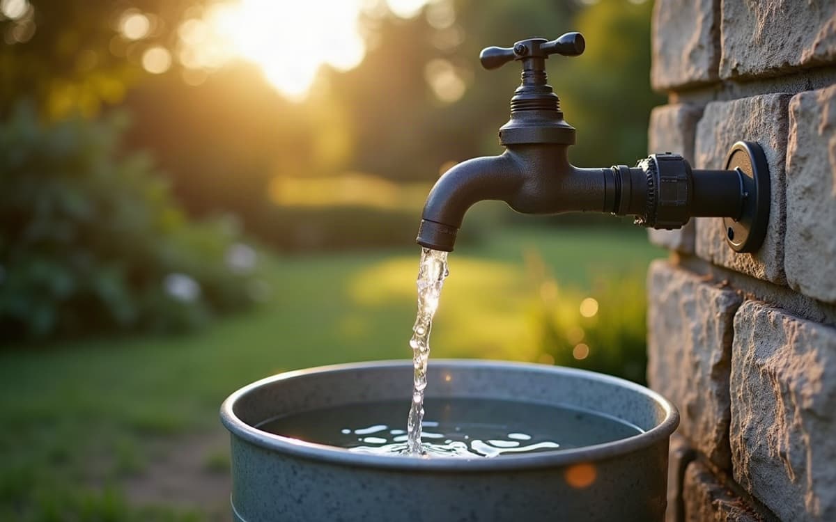 Robinet de jardin en laiton sur un mur de pierre, l’eau coule dans un seau