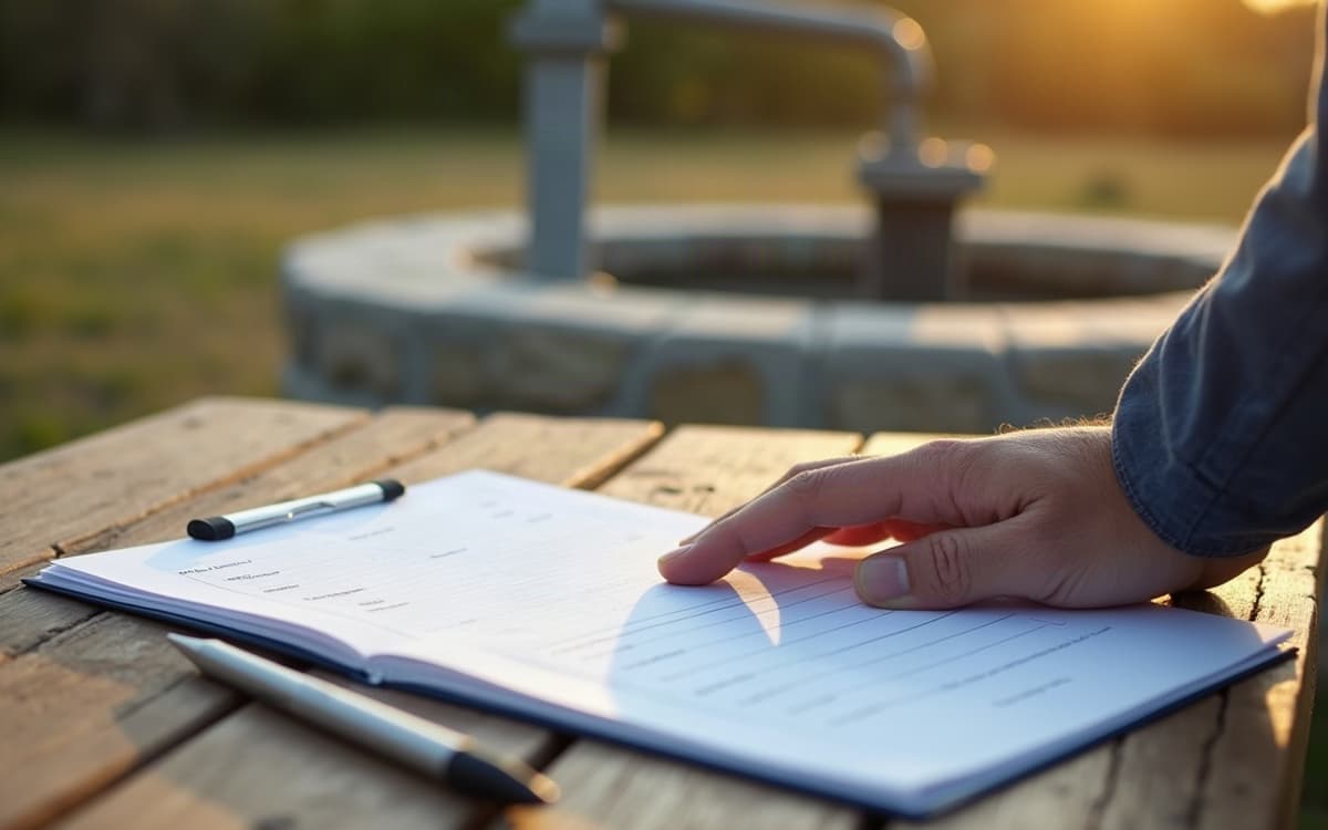 Une main posée sur un dossier de déclaration, devant un puits terminé