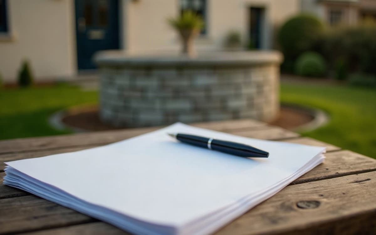 Dossier fermé et stylo posés sur une table de jardin, près d'un puits terminé