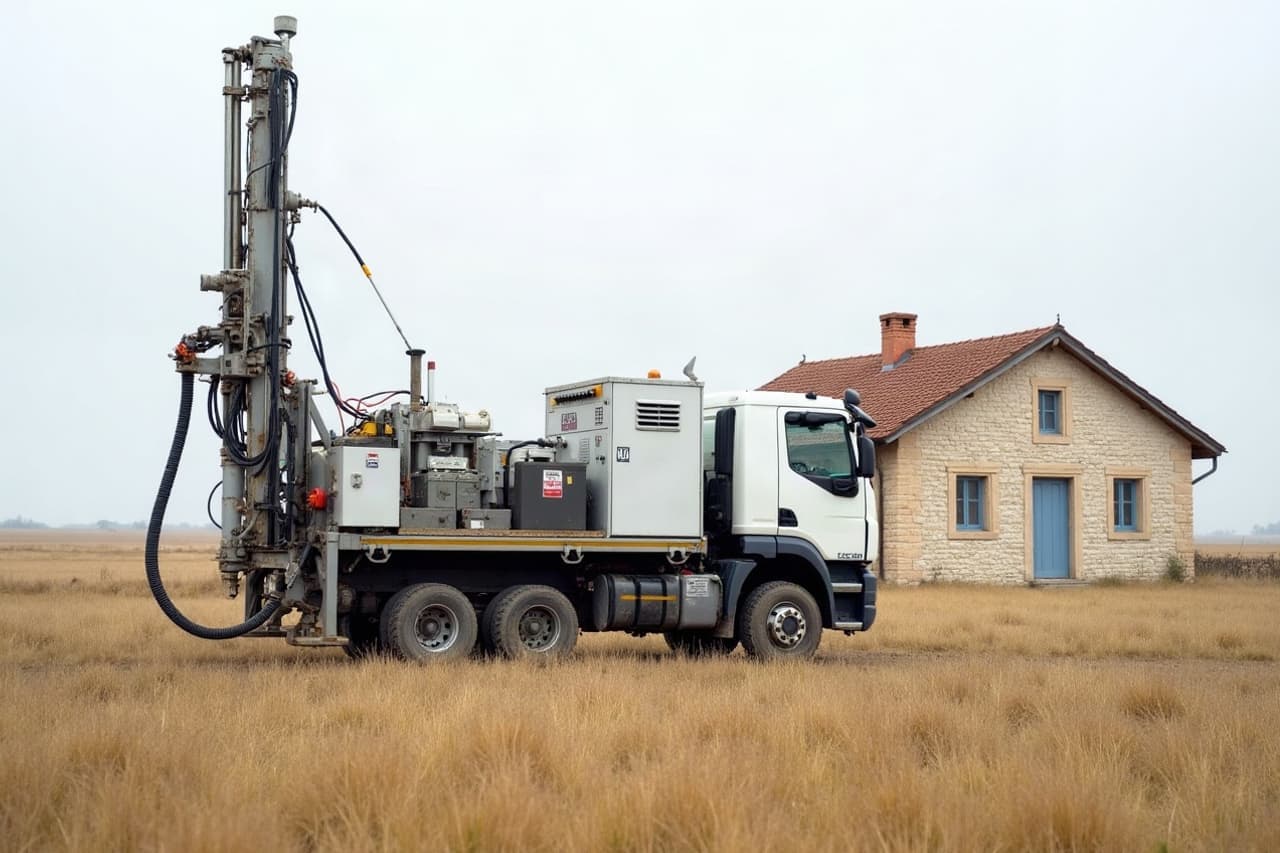Foreuse au travail devant une maison en pierre calcaire sur un plateau de Bourgogne-Franche-Comté