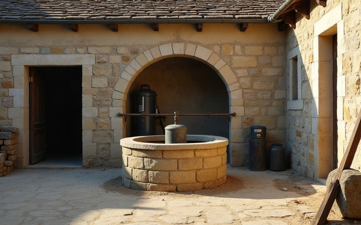 Ancien puits en pierre équipé d'un capot métallique neuf, cour de ferme