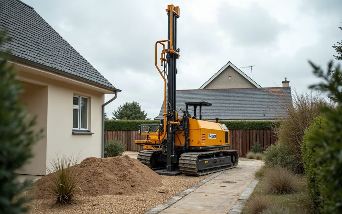Foreuse étroite au travail dans un jardin résidentiel, pose d'une sonde verticale