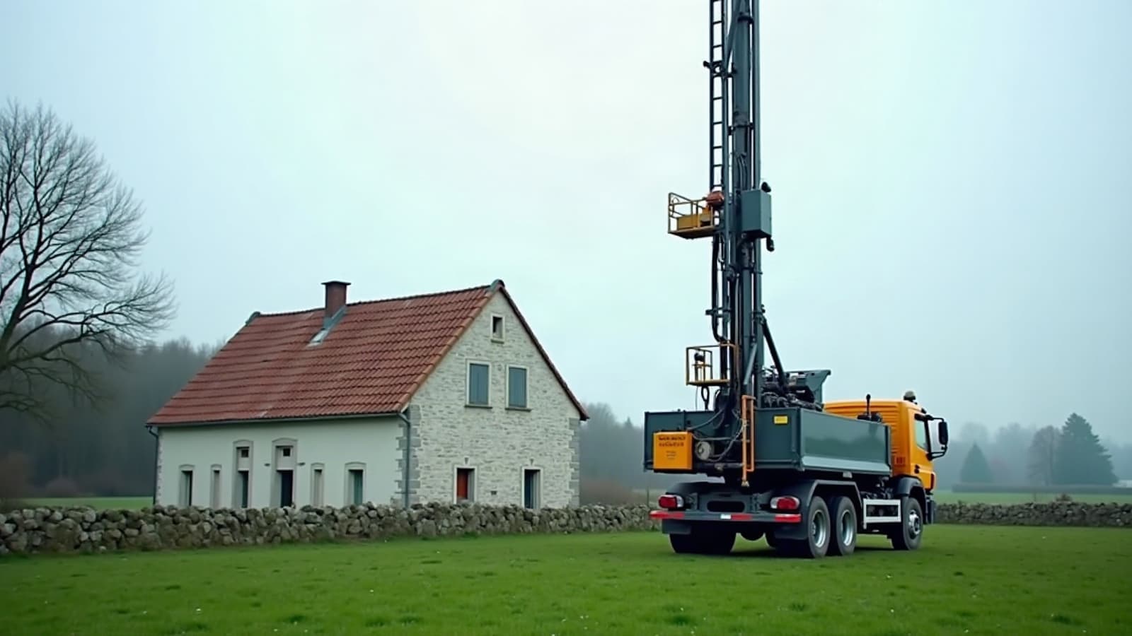 Foreuse sur camion, mât dressé au bord d'une prairie, devant une maison en pierre calcaire bordée d'un mur de pierres sèches