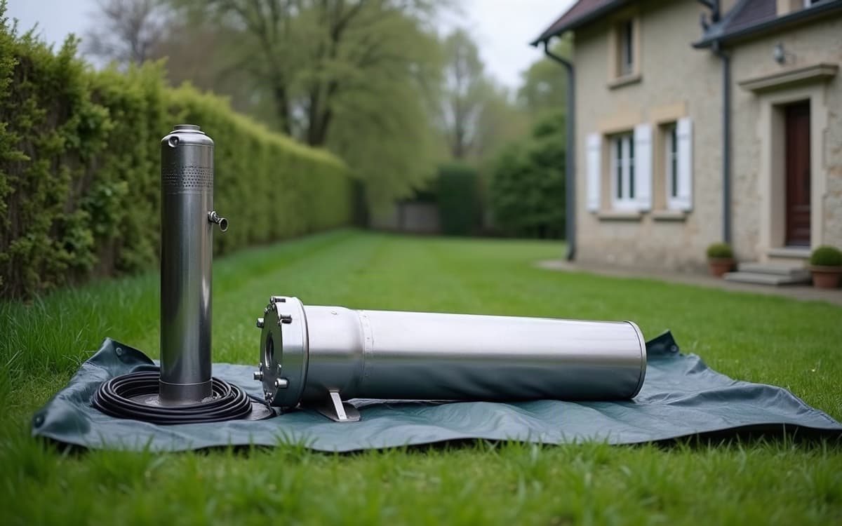 Pompe immergée neuve et son câble enroulé, posés sur une bâche dans un jardin, avant la descente dans le forage