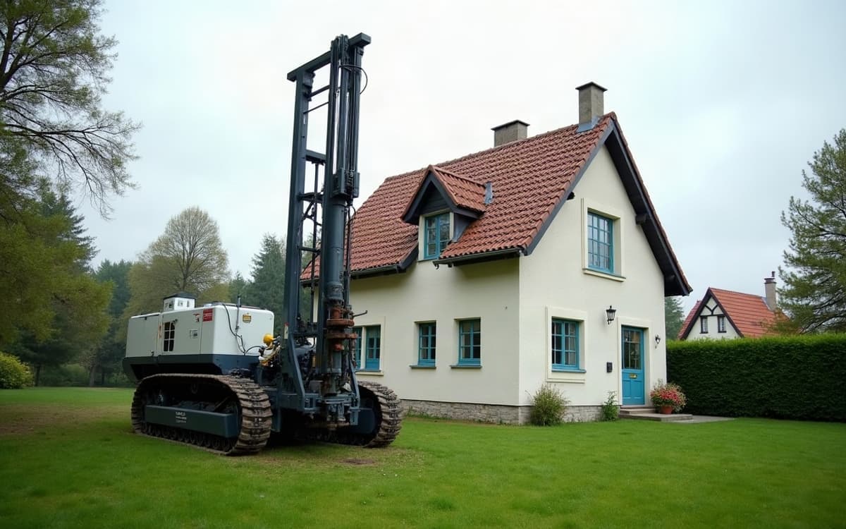 Foreuse compacte sur chenilles, mât dressé, dans le jardin d'une maison comtoise pour une sonde géothermique verticale