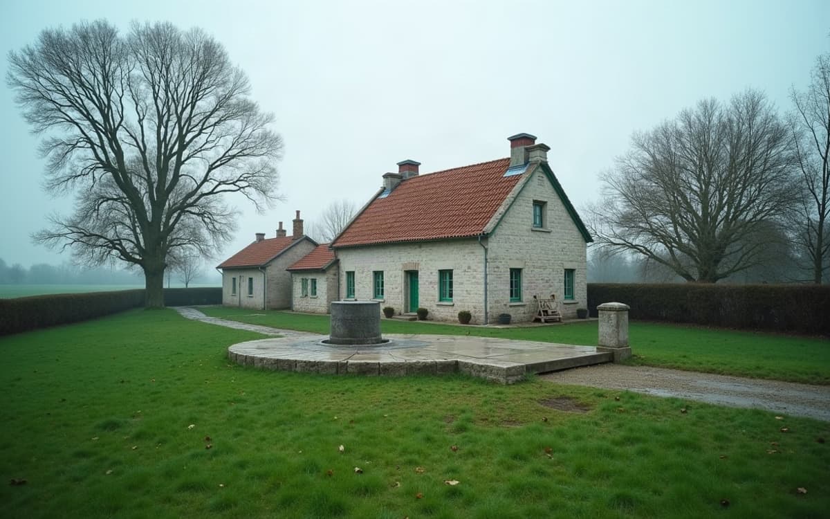 Puits terminé devant une ferme en calcaire gris, plateau agricole de Haute-Saône