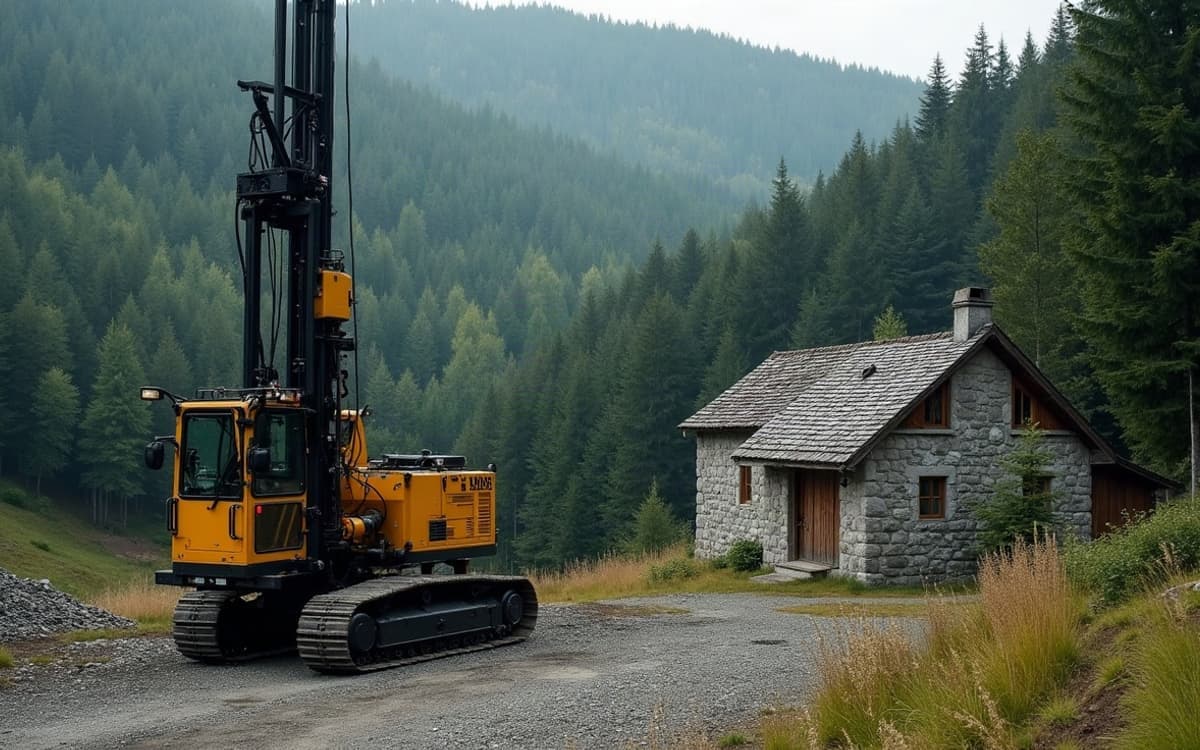 Foreuse au travail dans une clairière du Morvan, ferme en granite gris