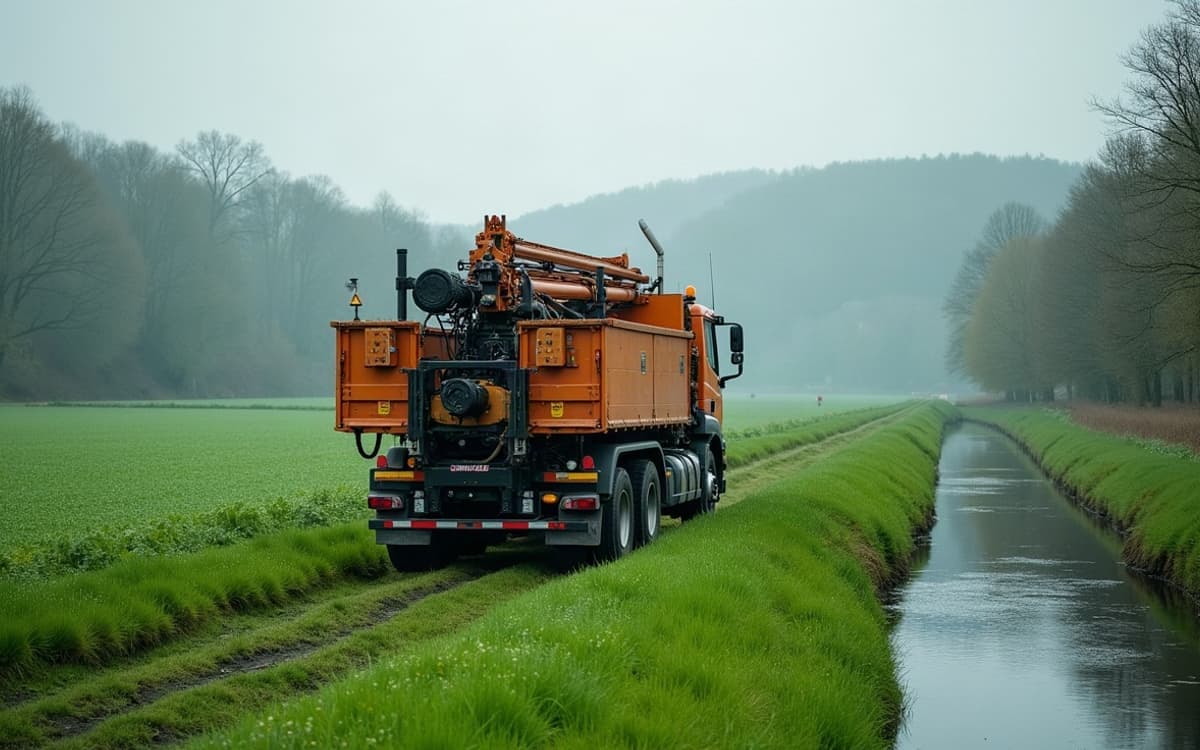 Camion-foreuse au travail près d'un canal, dans le couloir de la Trouée de Belfort