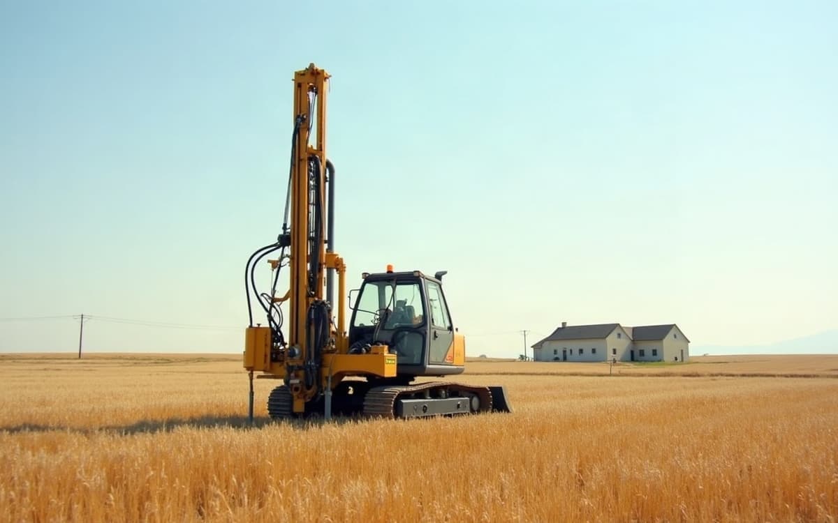 Foreuse au travail dans un champ, sur le plateau calcaire autour de Vesoul