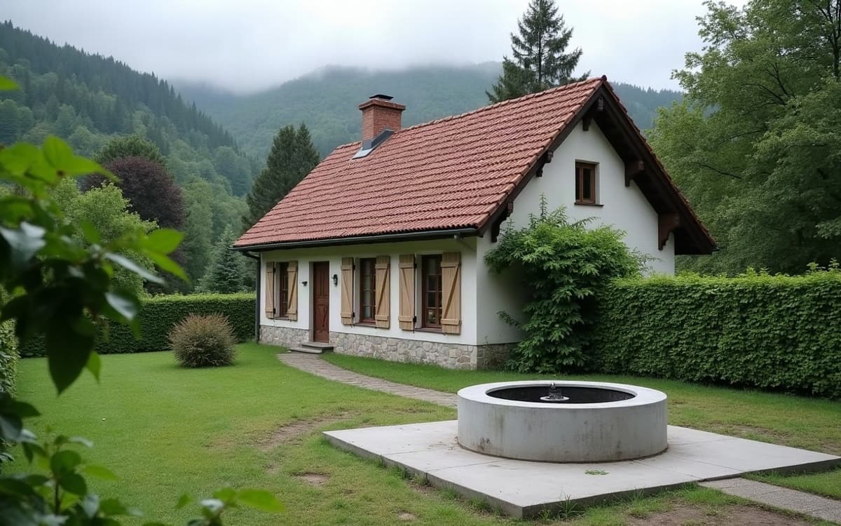 Puits terminé près d'une maison à toit de tuiles, dans un jardin de Belfort