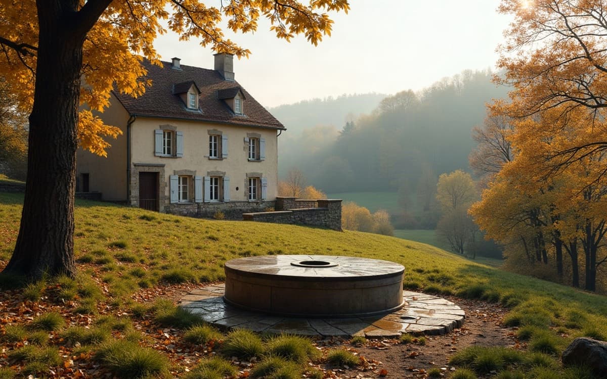 Ferme en pierre calcaire à la lisière d'un plateau boisé de Côte-d'Or, en automne