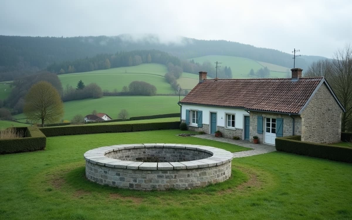 Puits terminé près d'une ferme en calcaire gris, plateau agricole autour de Vesoul