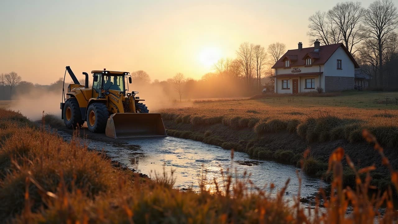 Rampe d'arrosage en fonctionnement sur une prairie de Bresse bourguignonne, au petit matin