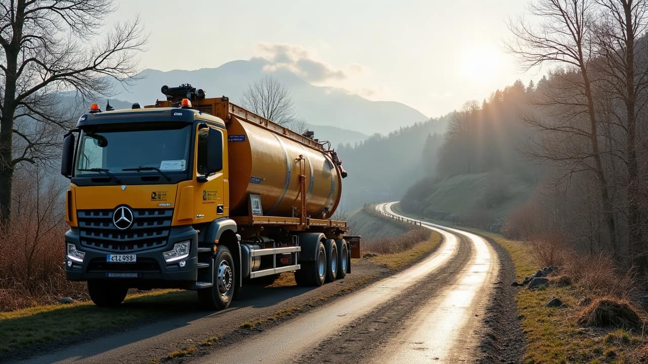 Camion citerne et foreuse garés en bordure de chemin, matériel de chantier au repos, sans personne